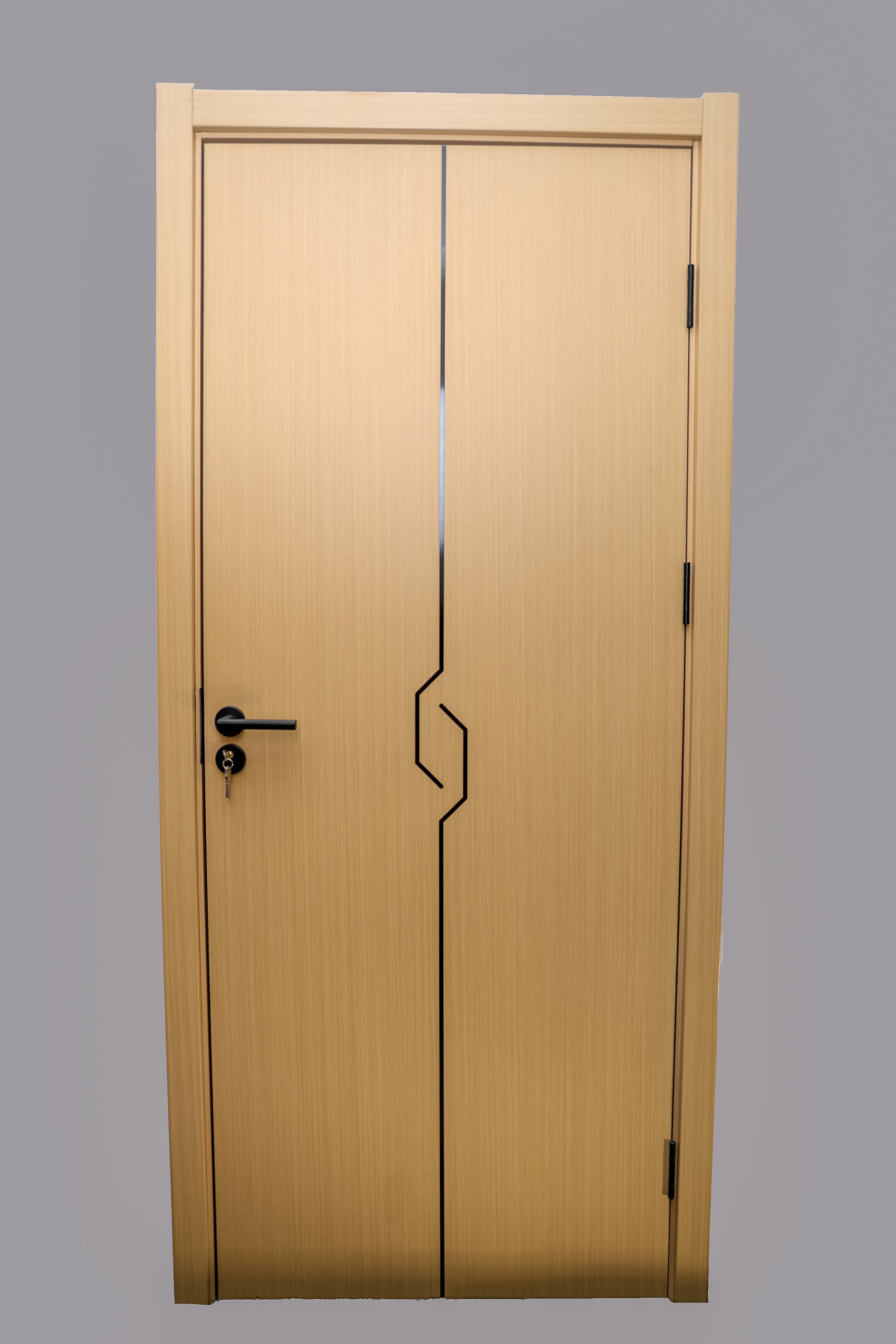 Wooden door with a handle on a gray background
